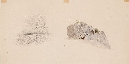 Kaksi harjoitelmaa: vasemmalla kuusi aidan vieressä, oikealla kivilohkare, 1854, Werner Holmberg