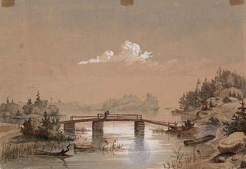 Lake Landscape, Man Angling on a Bridge, 1854, Werner Holmberg