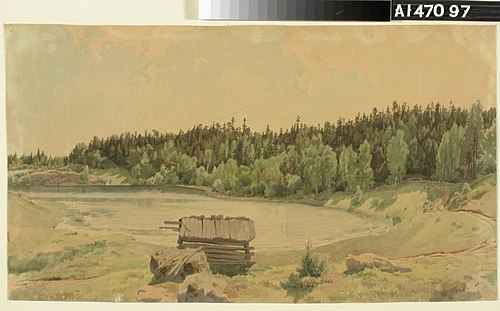 Järvenlahtimaisema, etualalla vanha lato ja taustalla metsäinen ranta, 1857, Werner Holmberg