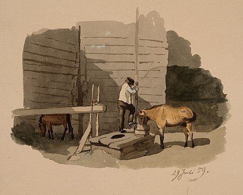 Frithjof Federley juottaa kaivolla hevostaan, 1859, Werner Holmberg