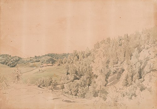 Metsäinen vuori, niittyjä ja maalaistalo, 1858, Werner Holmberg