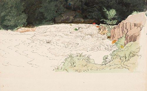 Koski, synkkä metsä, kallio ja ruohikkoinen ranta ; keskeneräinen ; Valjastettu hevonen, tussipiirus, 1854, Werner Holmberg