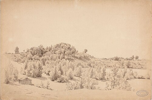 Metsäinen kukkula, järvi ja maalaistalo, 1857, Werner Holmberg