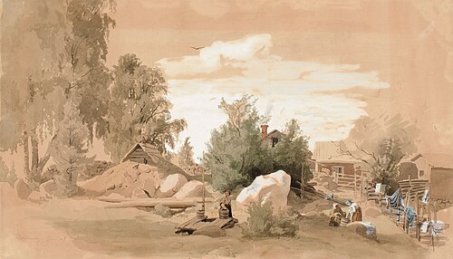 Talon piha, vaatteita peseviä naisia Tuomarinkylässä, 1859, Werner Holmberg