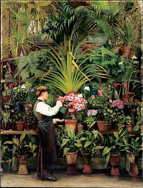 Composition de fleurs avec personnage, Serre Logan, 1899, Ludger Larose