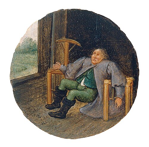 Vier Sprichwörter. Der zwischen zwei Stühlen Sitzende, 1596, Pieter Brueghel l'Ancien