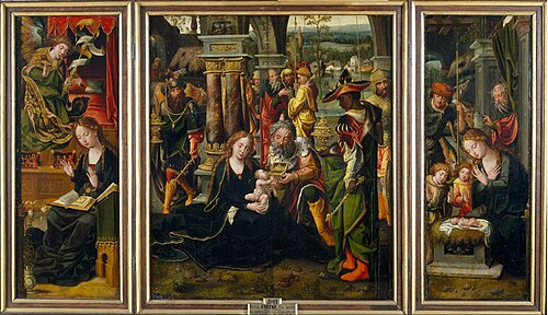 Triptych with the Annunciation, the Adoration of the Magi and the Nativity with Angels and Shepherds, 1525, Pieter Coecke van Aelst