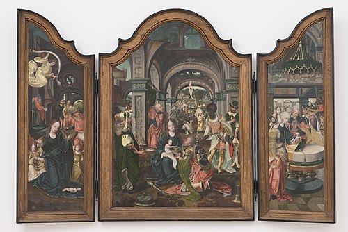 Adoration of the Magi (centre); Mary in worship of the Christ child (left); presentation of Christ i, 1537, Pieter Coecke van Aelst