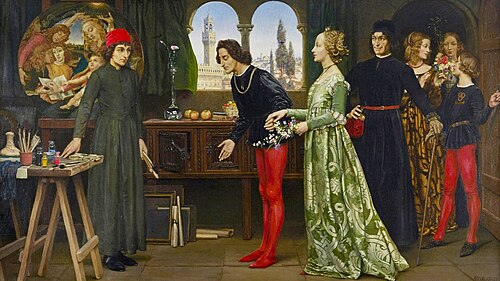 Botticelli's studio: The first visit of Simonetta presented by Giulio and Lorenzo de Medici, 1922, Eleanor Fortescue-Brickdale