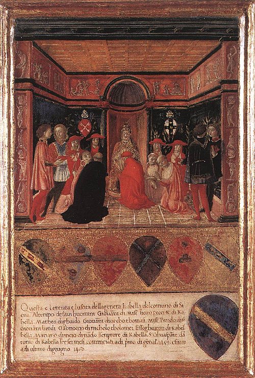Pie II impose le chapeau de cardinal à son neveu, 1460, Francesco di Giorgio Martini
