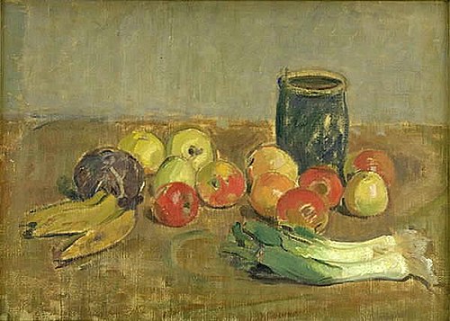 Still Life. Apples, Leeks, Bananas and Green Jar, 1908, Karl Isakson
