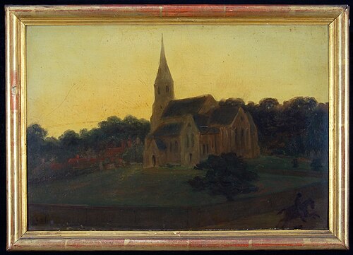 De kerk te Esher bij Claremont in het graafschap Surrey bij zonsondergang, , Ary Scheffer