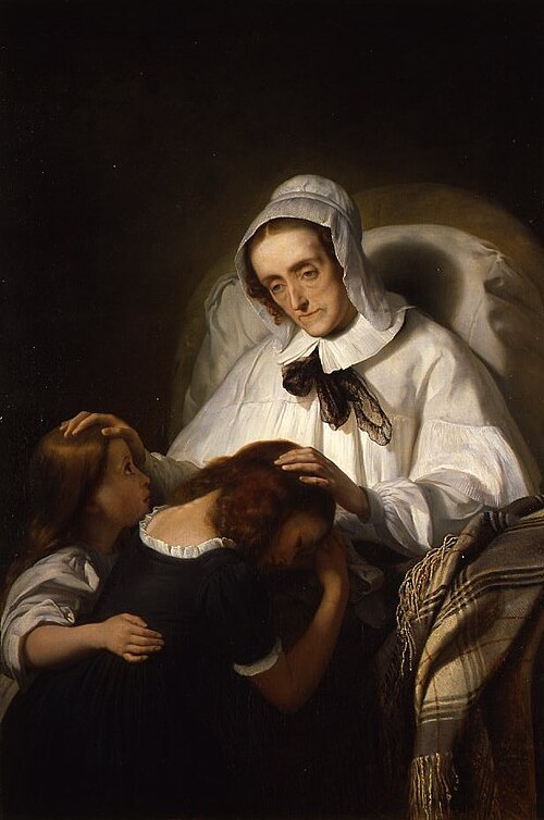 Portret van Cornelia Scheffer-Lamme die haar kleinkinderen zegent, 1839, Ary Scheffer