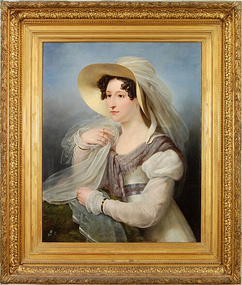 Portret van een jonge vrouw met Italiaanschen stroohoed op het hoofd, , Ary Scheffer
