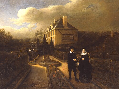 Portrait of Johan Cornelisz. Vijgeboom with his wife Anneke Joosten Boogaart in the garden of their , 1647, Samuel van Hoogstraten