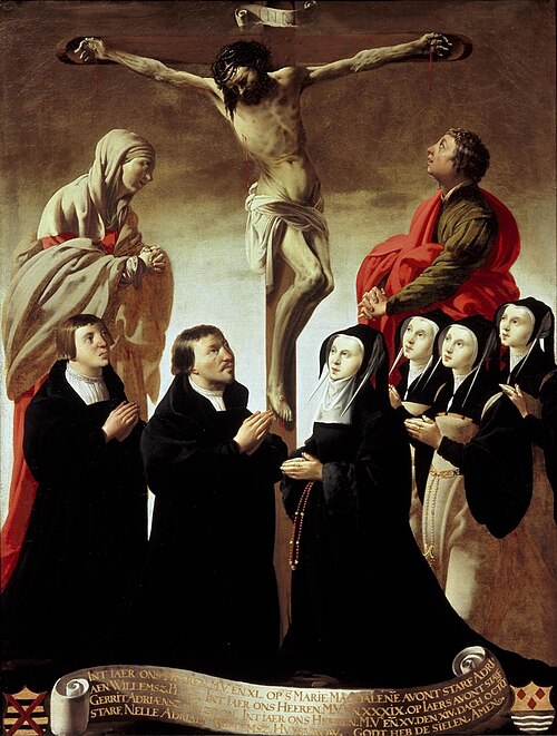 De kruisiging met Maria, Johannes en leden van de familie van Adriaen Willemsz. Ploos, 1624, Hendrick ter Brugghen