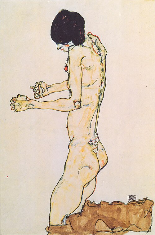 Kniender Frauenakt mit vorgestreckten Armen, 1914, Egon Schiele