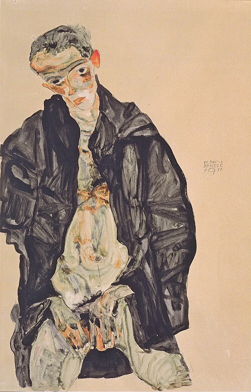 Selbstbildnis als Halbakt in schwarzer Jacke, 1911, Egon Schiele
