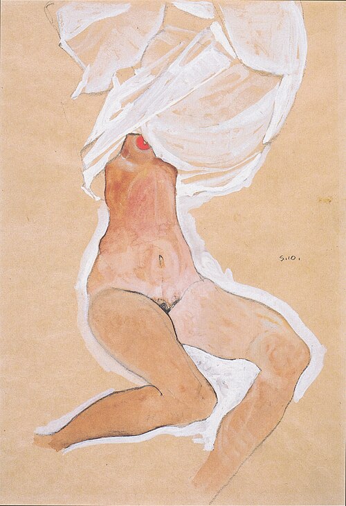 Sitzender Mädchenakt mit Hemd über dem Kopf, 1910, Egon Schiele