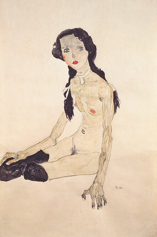 Sitzendes Mädchen mit Pferdeschwanz, 1910, Egon Schiele