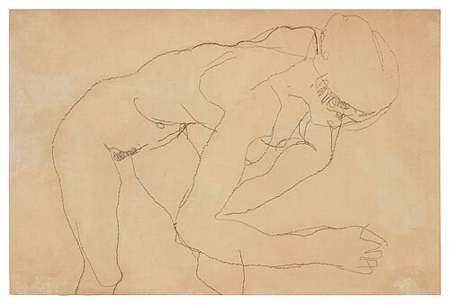 Gebeugter Akt, den linken Arm auf der Hüfte, 1914, Egon Schiele