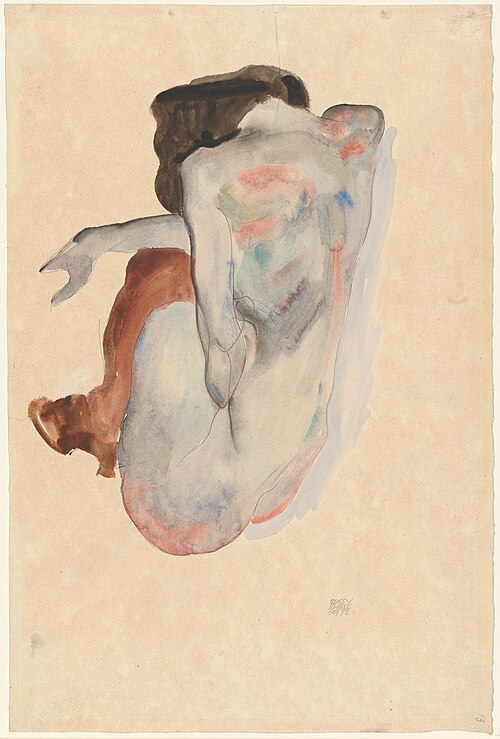 Crouching Nude in Shoes and Black Stockings, Back View, 1912, Egon Schiele