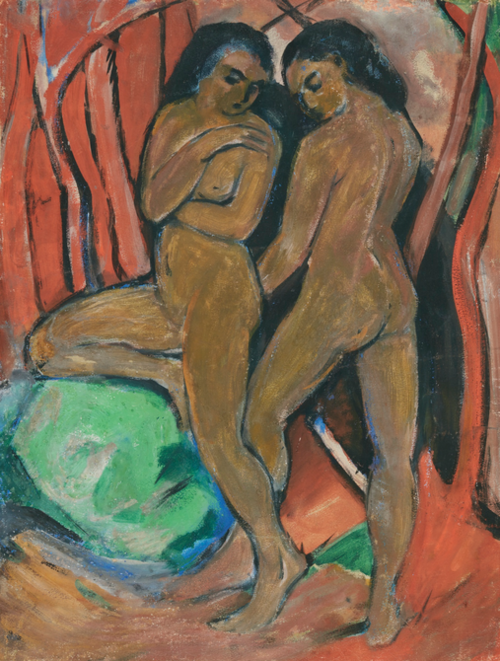 Two standing girl nudes with green stone, 1910, Franz Marc