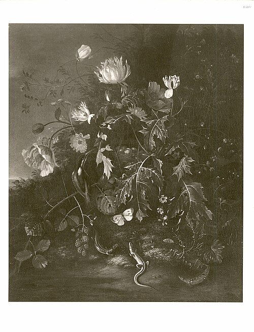 Flower still life with kingfisher and lizard in a landscape, 1676, Alida Withoos