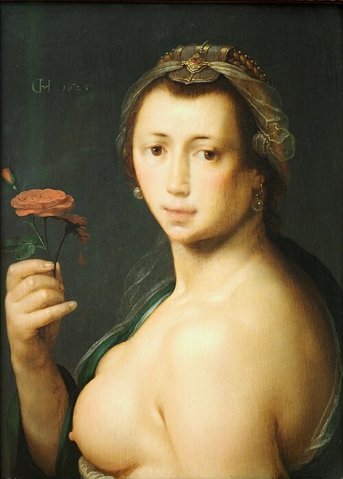 Weiblicher Halbakt mit Rose, 1623, Cornelis Cornelisz van Haarlem
