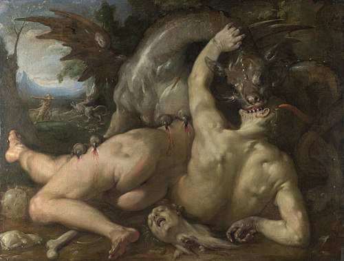 Two Followers of Cadmus devoured by a Dragon, 1588, Cornelis van Haarlem