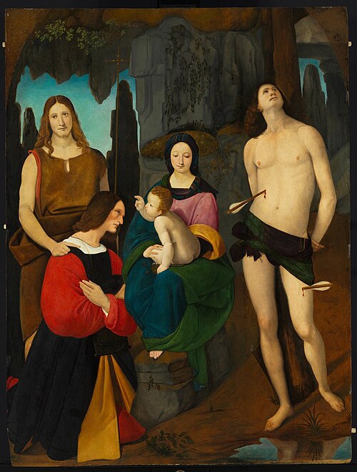 Madonna and Child with Saint John the Baptist, Saint Sebastian and Donor Bassiano Da Ponte, 1508, Giovanni Antonio Boltraffio