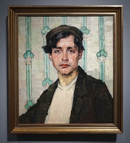 Portrait of a Youth before Colourful Wallpaper, 1908, Eugenie Bandell