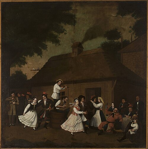 Dancing in front of the village inn, , Michał Stachowicz