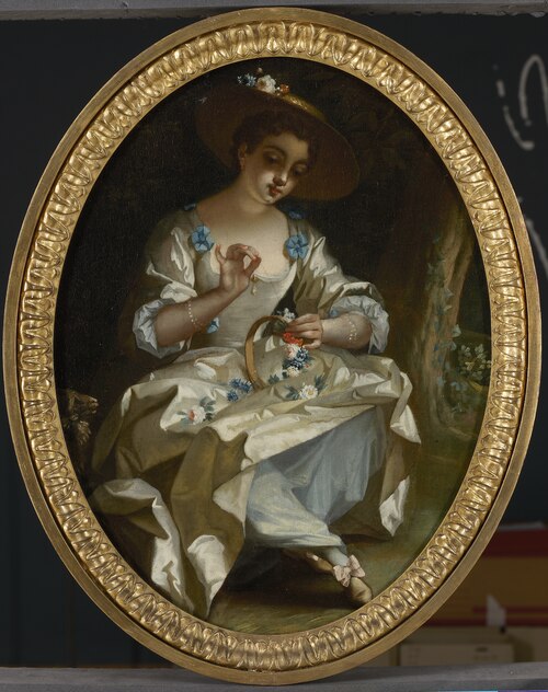 Jonge dame die een bloemenkrans maakt, 1724, Jean Raoux