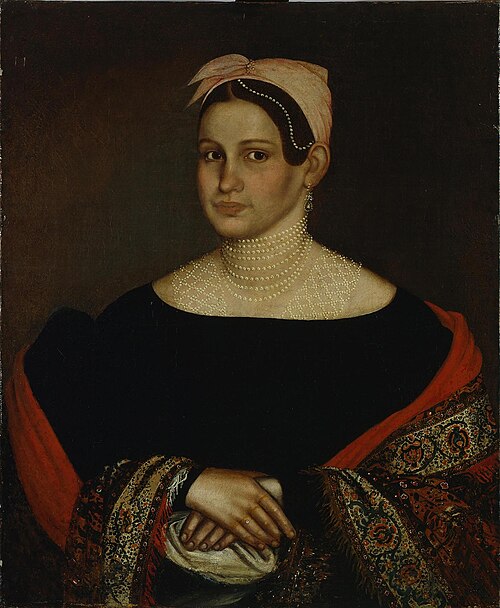 Portrait of a Merchant Wife in a Low-cut Black Dress with Puffed Sleeves, 1838, Ivan Tarkhanov