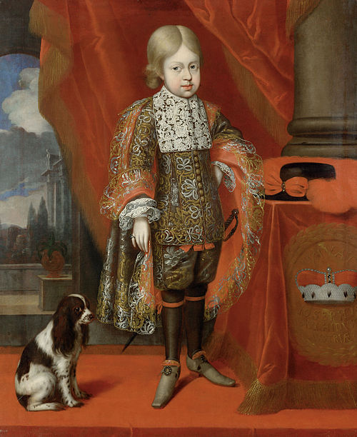 Kaiser Joseph I. (1678-1711) im Alter von sechs Jahren mit einem Hund, in ganzer Figur, 1684, Benjamin von Block
