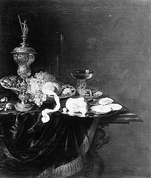 Still life with Akelei covered beaker dish of grapes, lemon and wine glasses, 1660, Pieter Nason