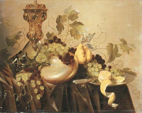 Still life with Akelei covered beaker, an upturned berkeyer resting on a nautilus shell, grapes, lem, 1645, Pieter Nason