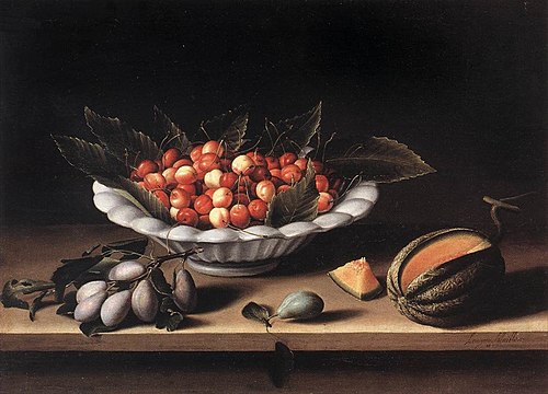 Coupe de cerises, prunes et melon, 1633, Louise Moillon