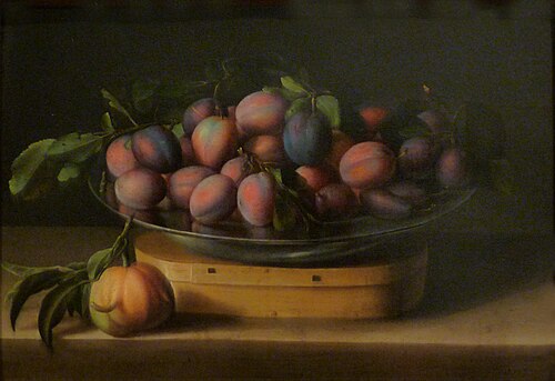 Plat de prunes sur boite à copeaux, 1632, Louise Moillon