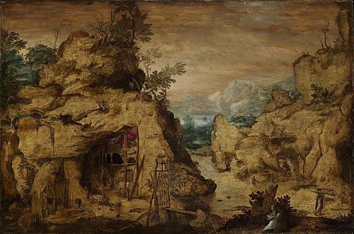 Mountain landscape with a hermit, 1567, Bartholomeus Spranger