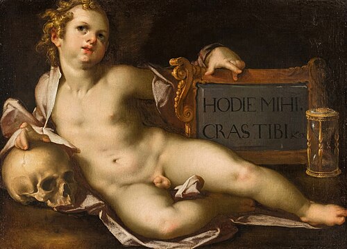 Vanitas - putto z czaszką i klepsydrą., 1600, Bartholomeus Spranger