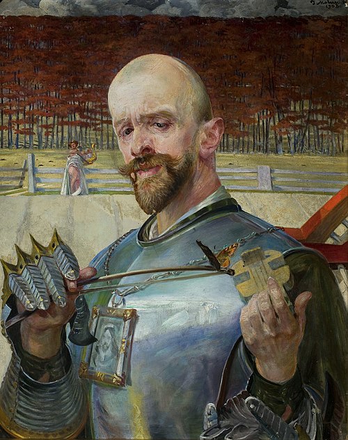 Self-portrait in armor with violin., 1908, Jacek Malczewski