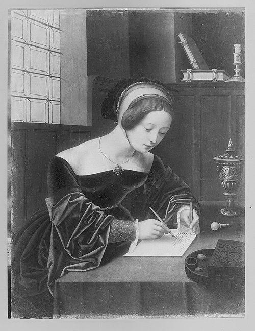 Une dame écrivant une lettre., 1520, Maître des demi-figures