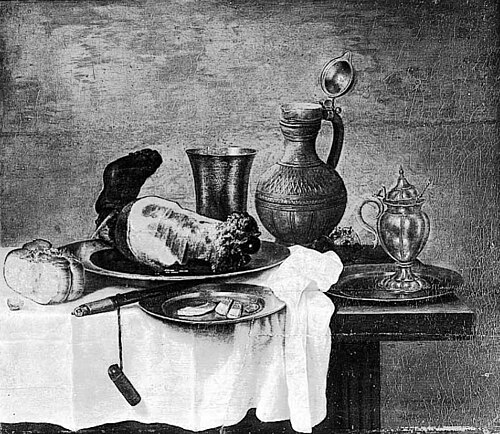Still life with ham and utensils, 1645, Gerrit Willemsz. Heda