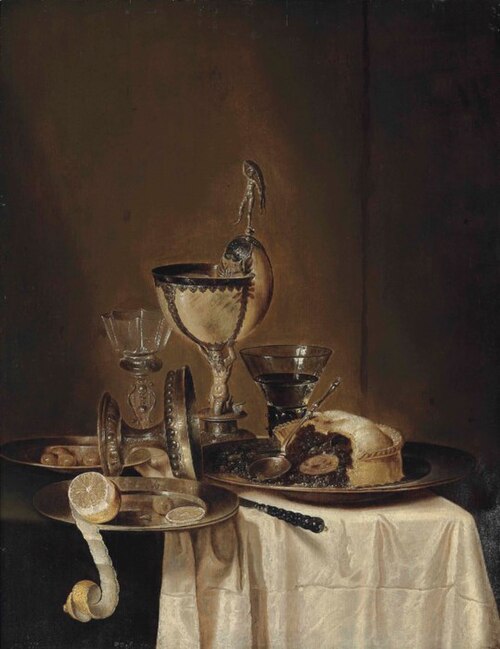 Still life of blackberry pie, pewter platter, roemer, tazza, lemon, olives and a nautilus cup, , Gerrit Willemsz. Heda