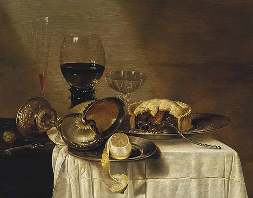 Still life with nautilus cup, pewter plate with lemon, wine glass and Venetian dish with meat pie, 1645, Gerrit Willemsz. Heda