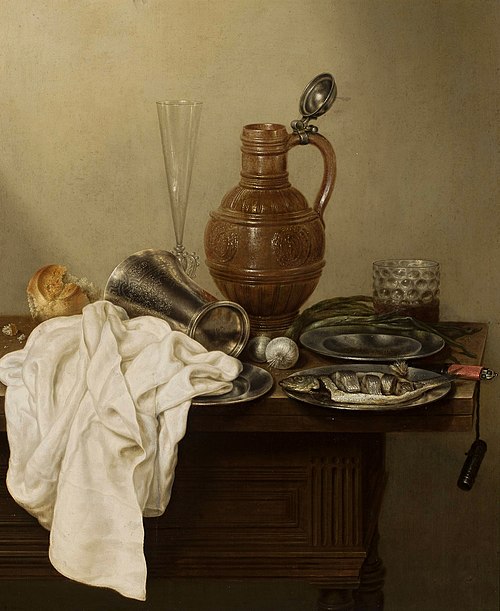 Nature morte avec une cruche en grès (Petit-déjeuner avec un hareng)., 1700, Gerrit Willemsz. Heda