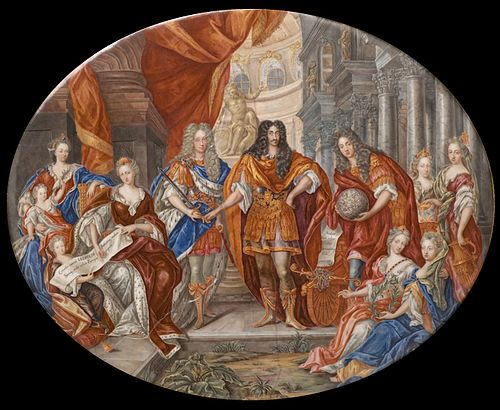 Ovale Emailplatte mit Leopold I. im Kreis der Familie, 1703, Charles Boit