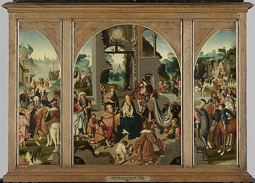 Triptych with the adoration of the Magi (centre panel and inner wings), St Antony Abbot (outer left , 1500, Maître d'Alkmaar